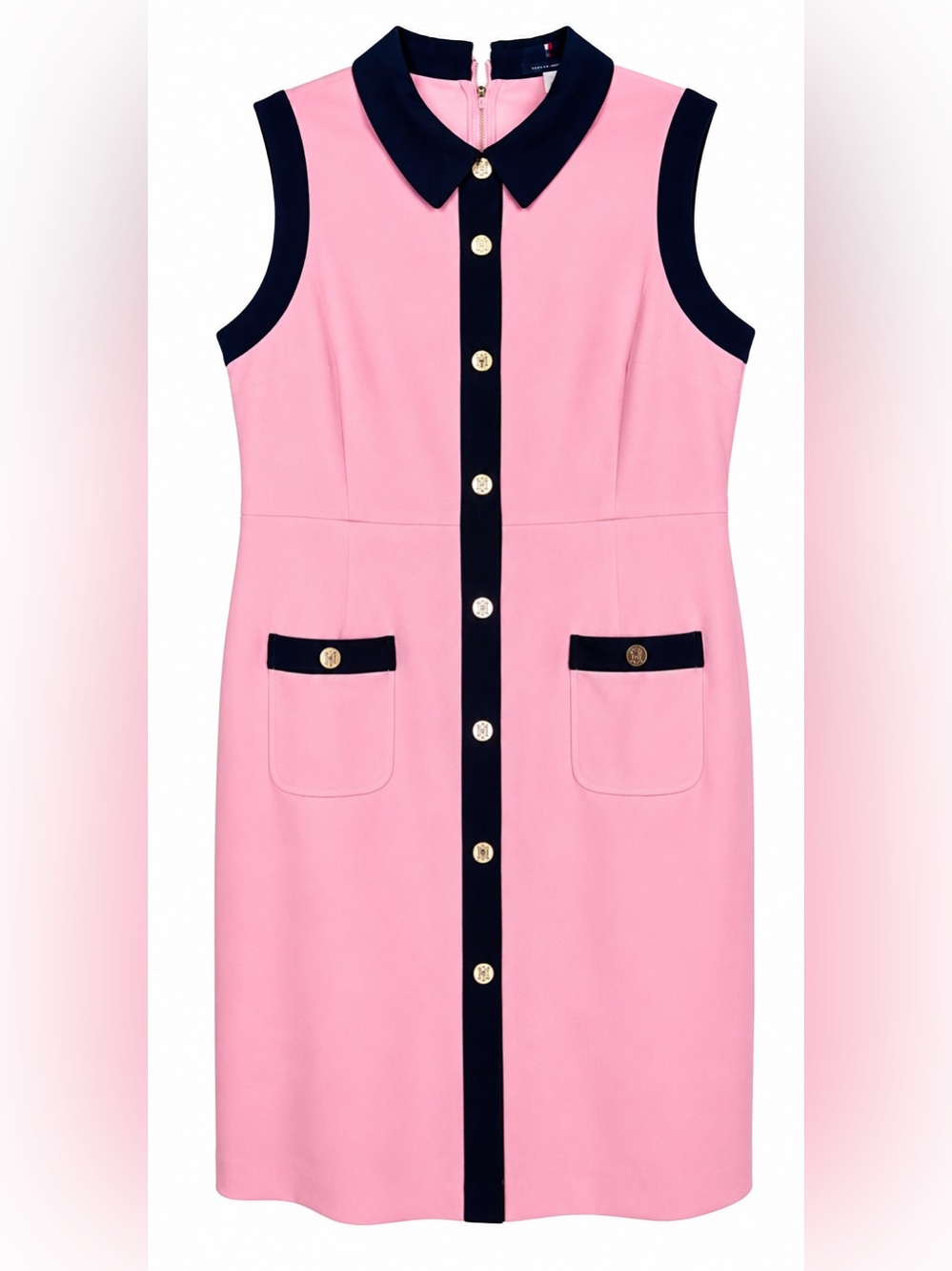 Tommy Hilfiger Pink & Black Sleeveless Shift Dress | Gold Buttons |Front Pockets - Picture 2 of 5